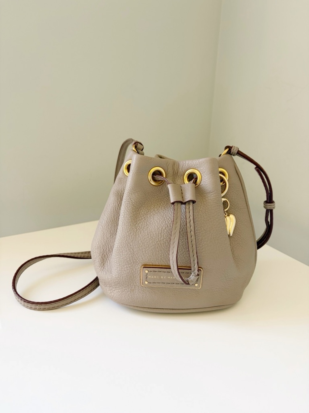 Marc by Marc Jacobs Taupe Mini Leather Drawstring Bucket Bag